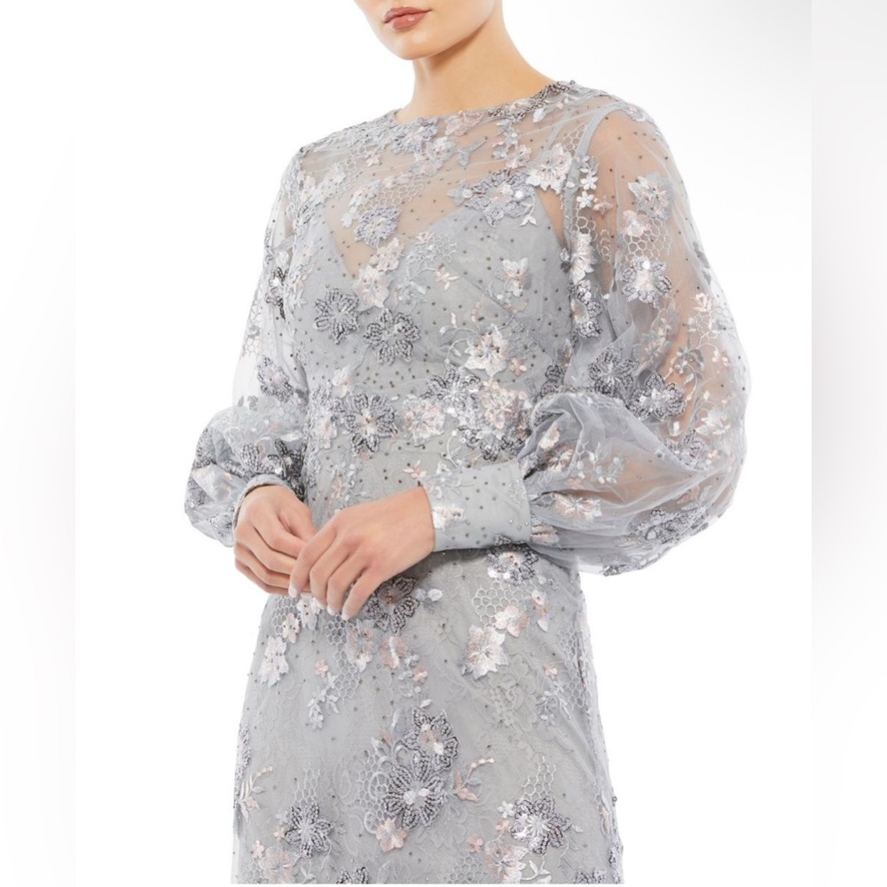 Mac Duggal Silver Sequin Embellished Long Sleeve Gown